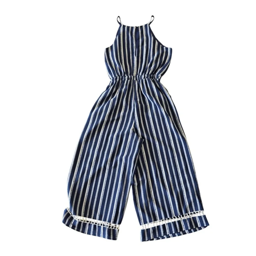 Bailey Blue Nautical Striped Halter Wide Leg Jumpsuit Sz L Crochet Hem Coastal